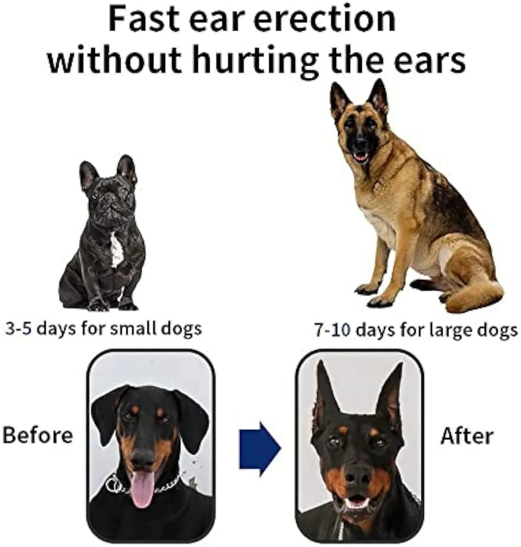 Dog ear correction support stickers showing adjustable spacing and multiple size options