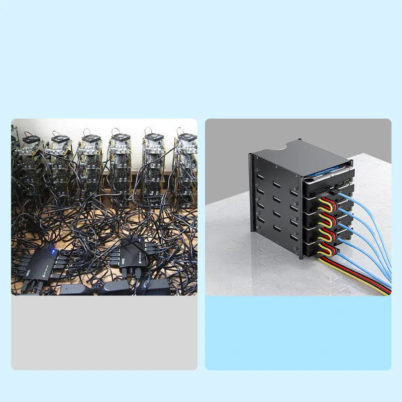 Black metal 5-layer 3.5-inch hard drive storage bracket measuring 145x140x115mm with screwdriver and screw pack