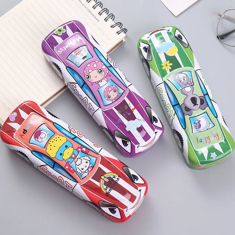 Tinplate racing car stationery box with cartoon patterns and double-layer design