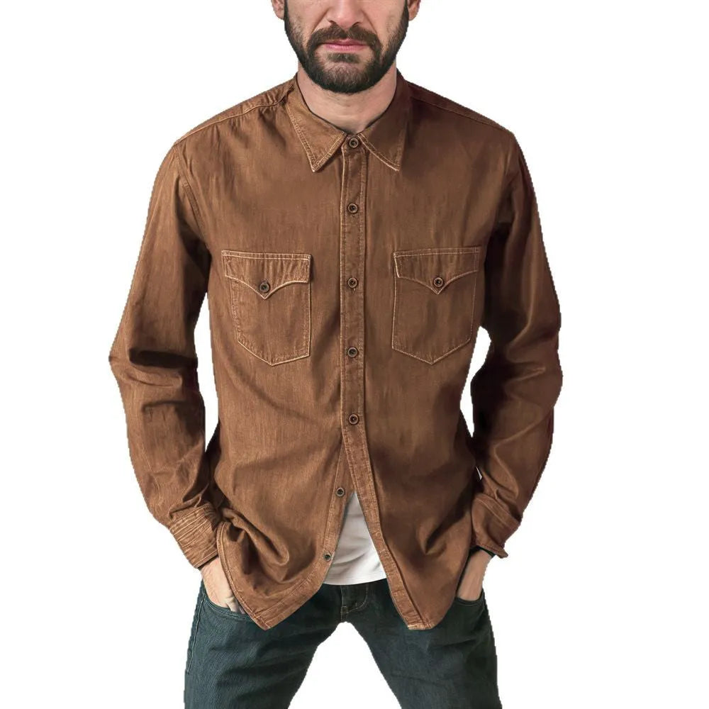 A denim cardigan coat shown in khaki, available in sizes S to 3XL.
