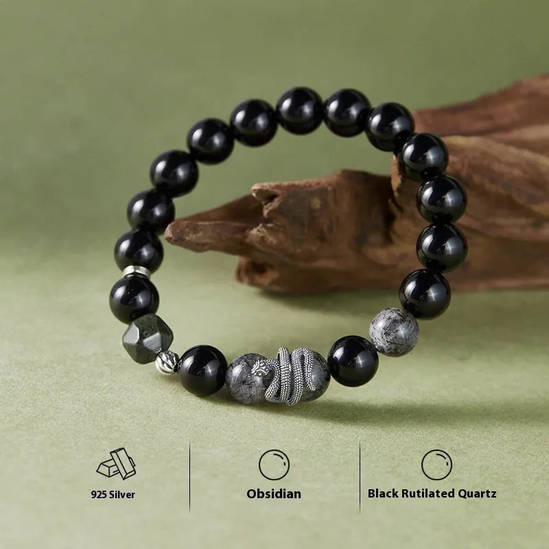 Men's S925 sterling silver bracelet with obsidian stone and retro snake design