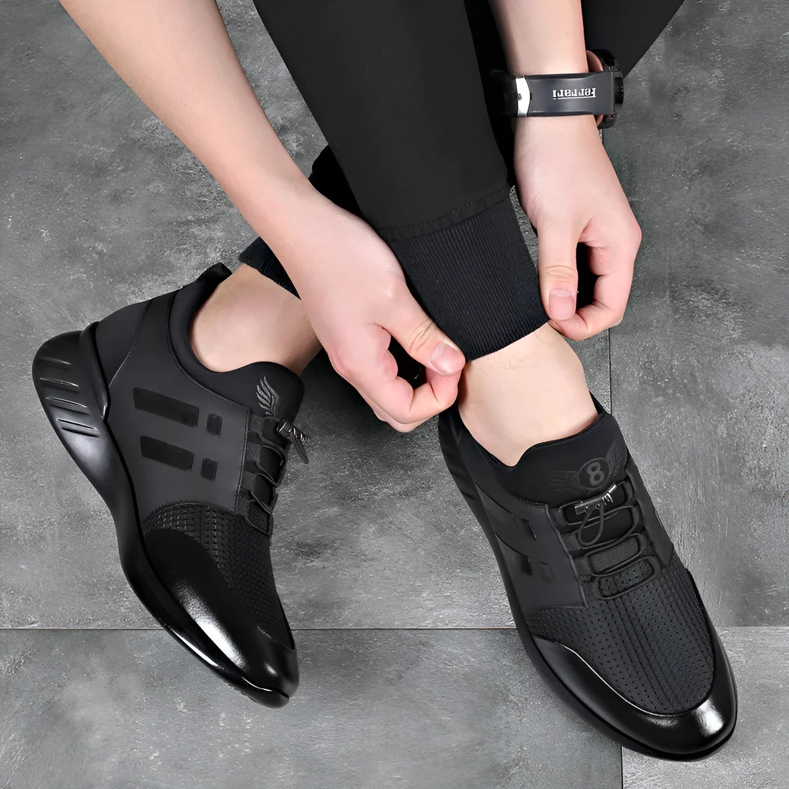 Men's black casual height increasing shoes with chunky heel in leather or mesh upper options