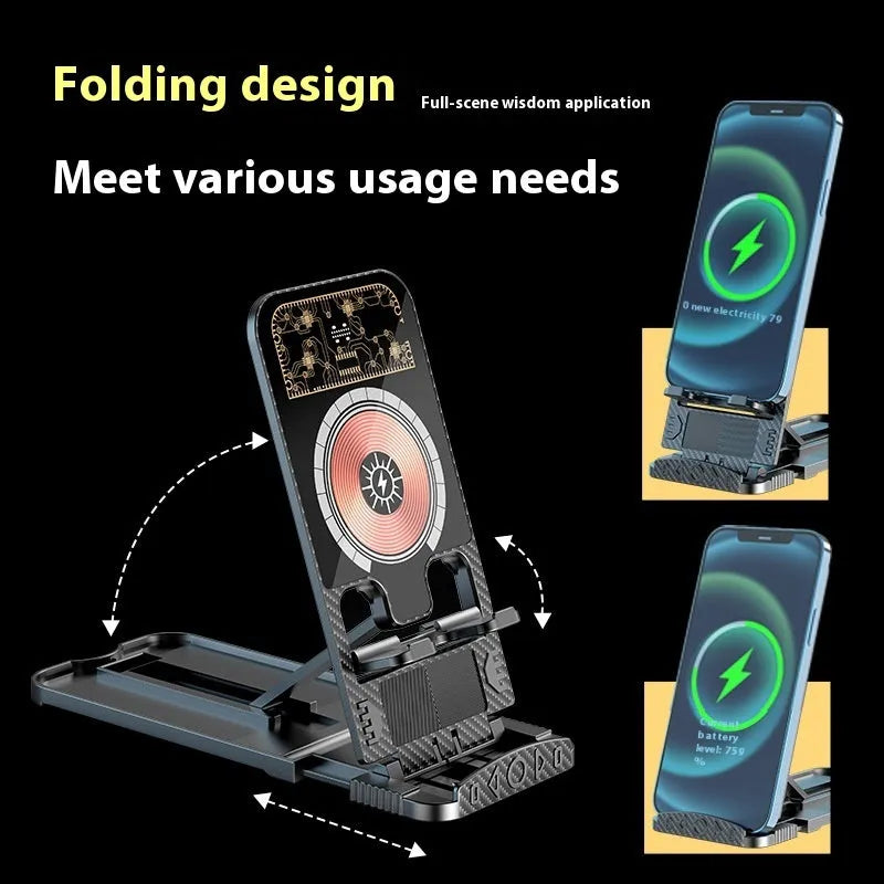 2-in-1 foldable wireless phone charger in black with Type-C input, measuring 143x143x69mm, designed for multiple device compatibilities.