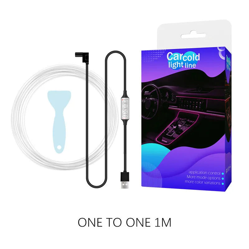 RGB car interior LED light strip with manual controller showing colour changing effects