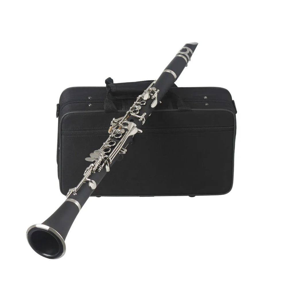 Black bakelite clarinet with 17 nickel-plated keys and carrying bag for beginner musicians