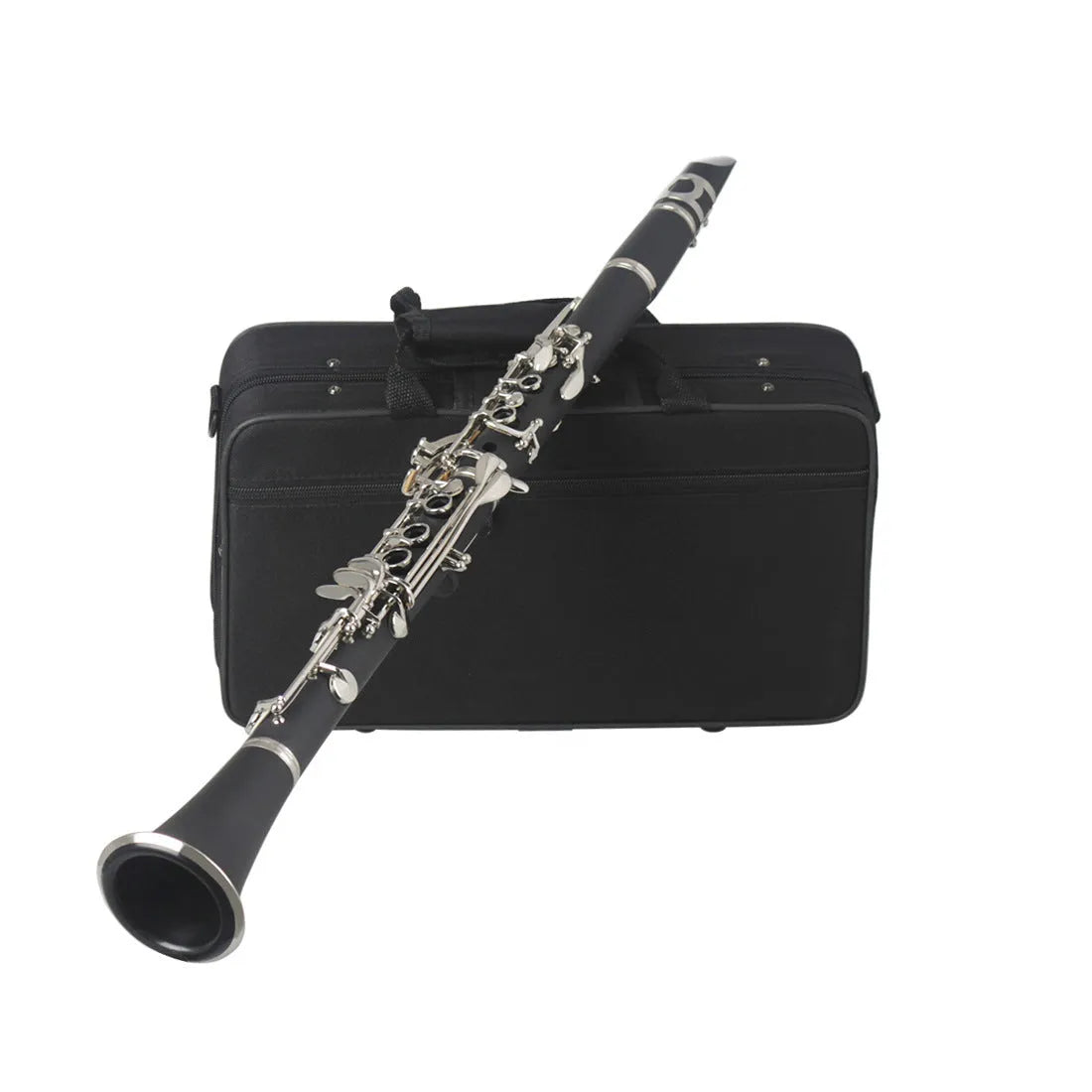 Black bakelite clarinet with 17 nickel-plated keys and carrying bag for beginner musicians