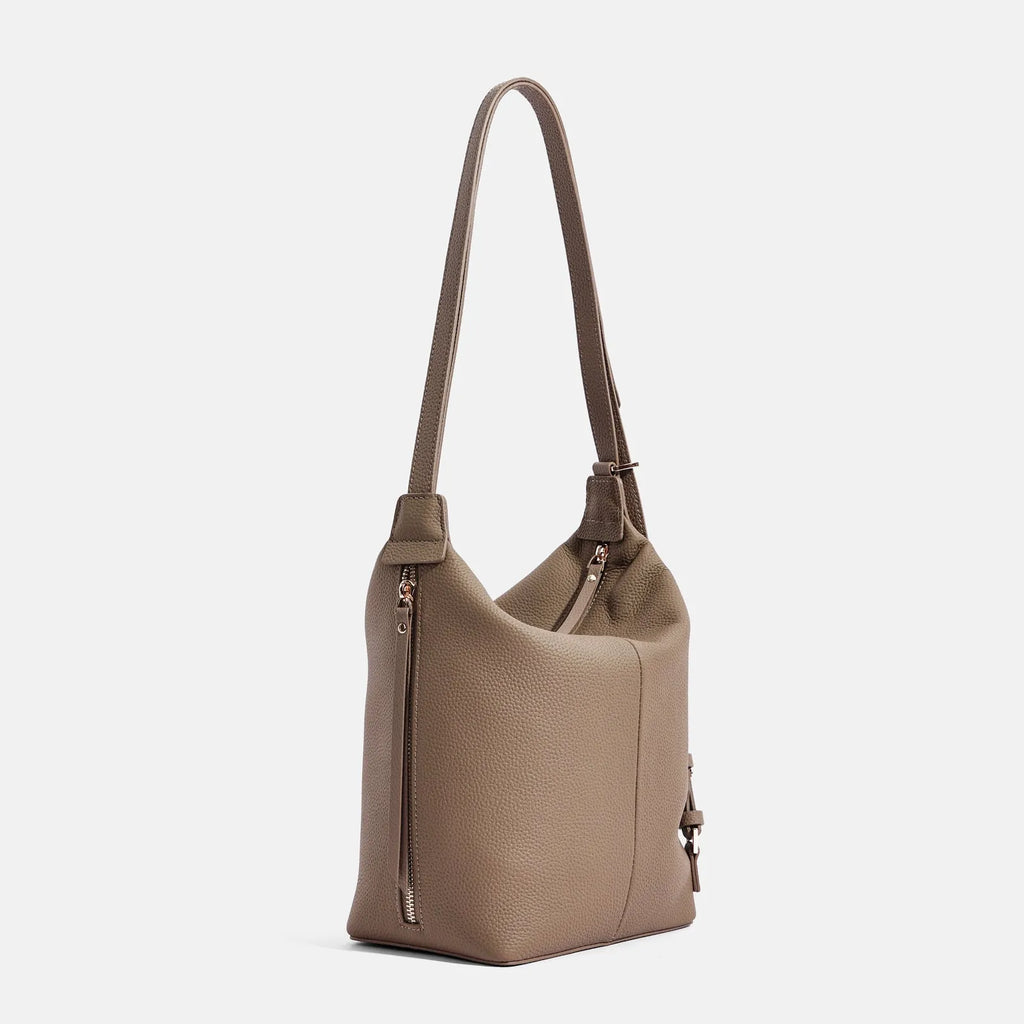 Women's genuine cowhide leather bucket shoulder bag in elephant grey colour showing soft construction and casual styling