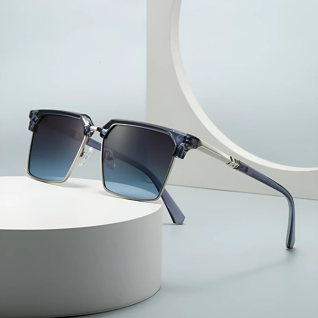Men's square sunglasses with plastic frames shown in six colour options on a grey background.