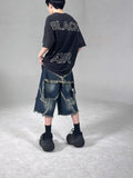 Men's blue retro denim shorts with frayed hem and five-pointed star decoration, loose fit style