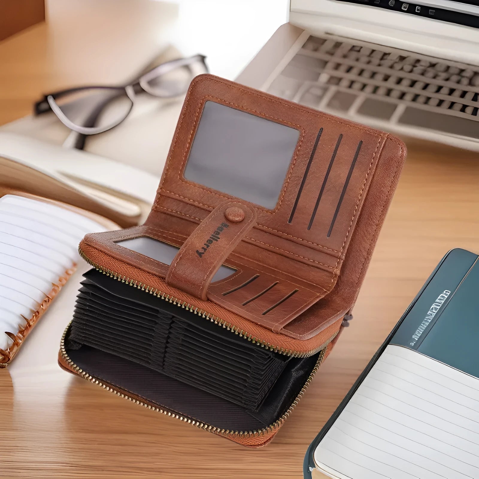 Women's black PU coin purse with zipper, showing integrated card slots inside.