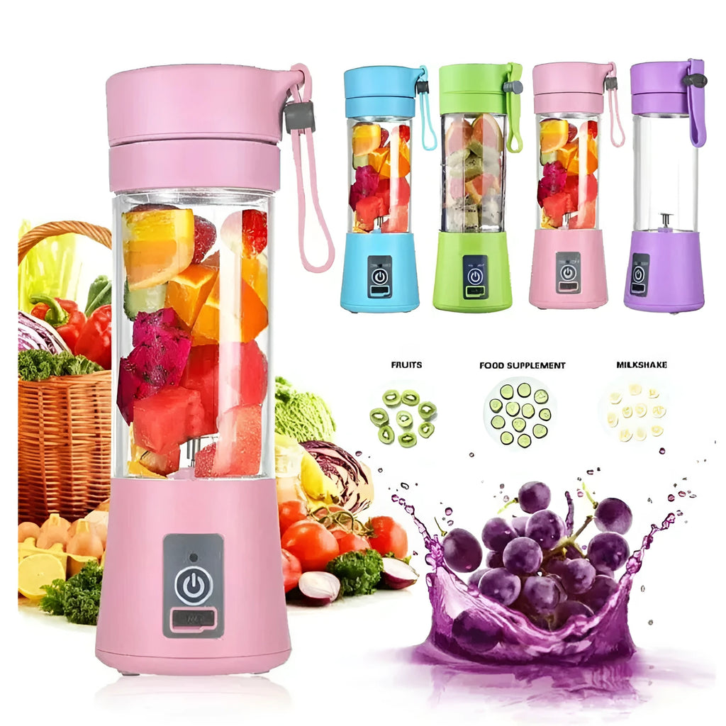 Portable USB rechargeable blender with six blades and 380ml pink cup