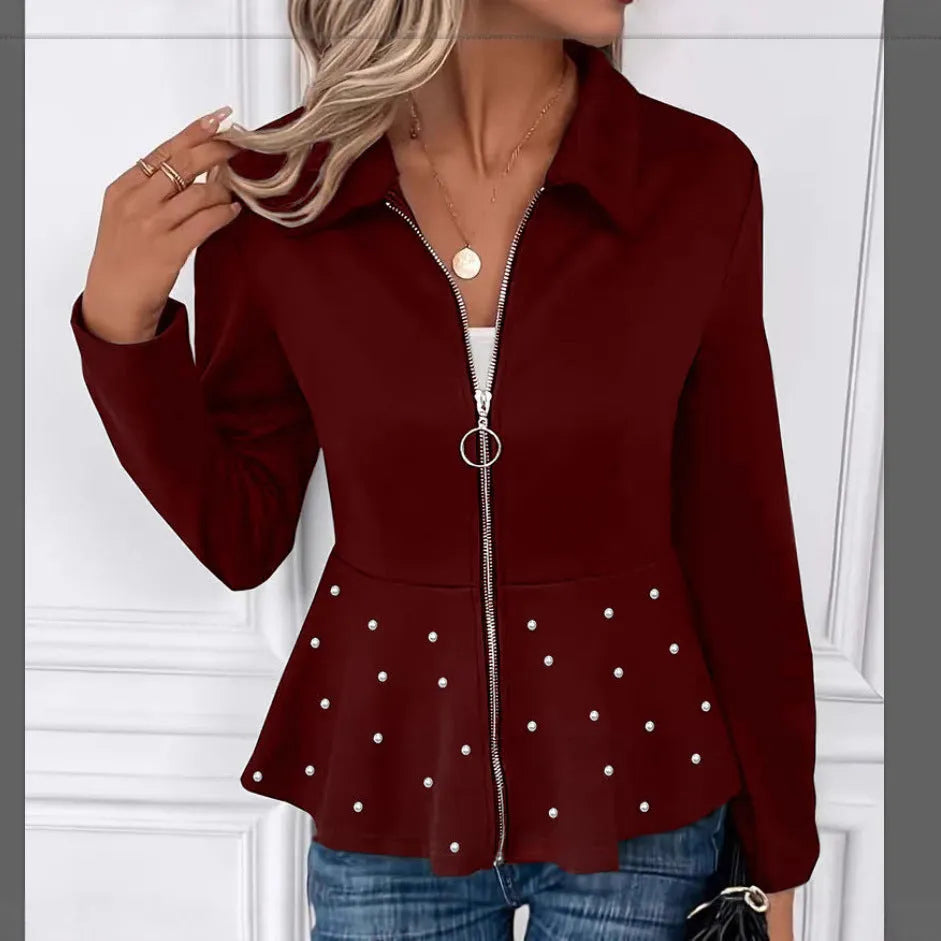 Women's black coat with beaded heavy-duty zipper and ruffled hem, loose fit, long sleeves.