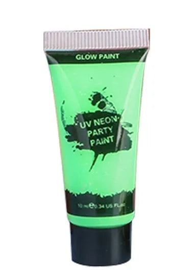25ml squeeze tube of neon green face and body paint pigment for festivals.