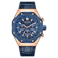 Men's waterproof quartz watch showing three band colour options: blue silicone, rose gold-edged black steel, and all-black steel