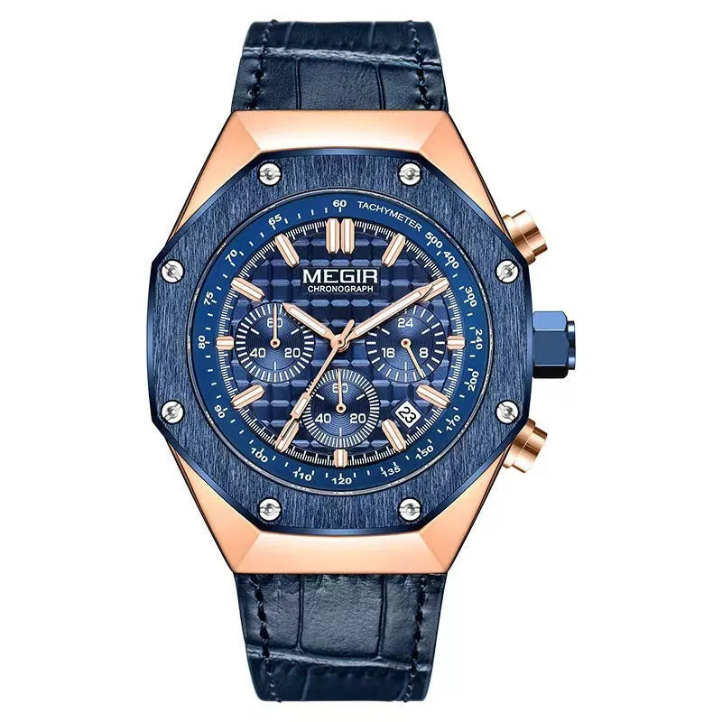 Men's waterproof quartz watch showing three band colour options: blue silicone, rose gold-edged black steel, and all-black steel
