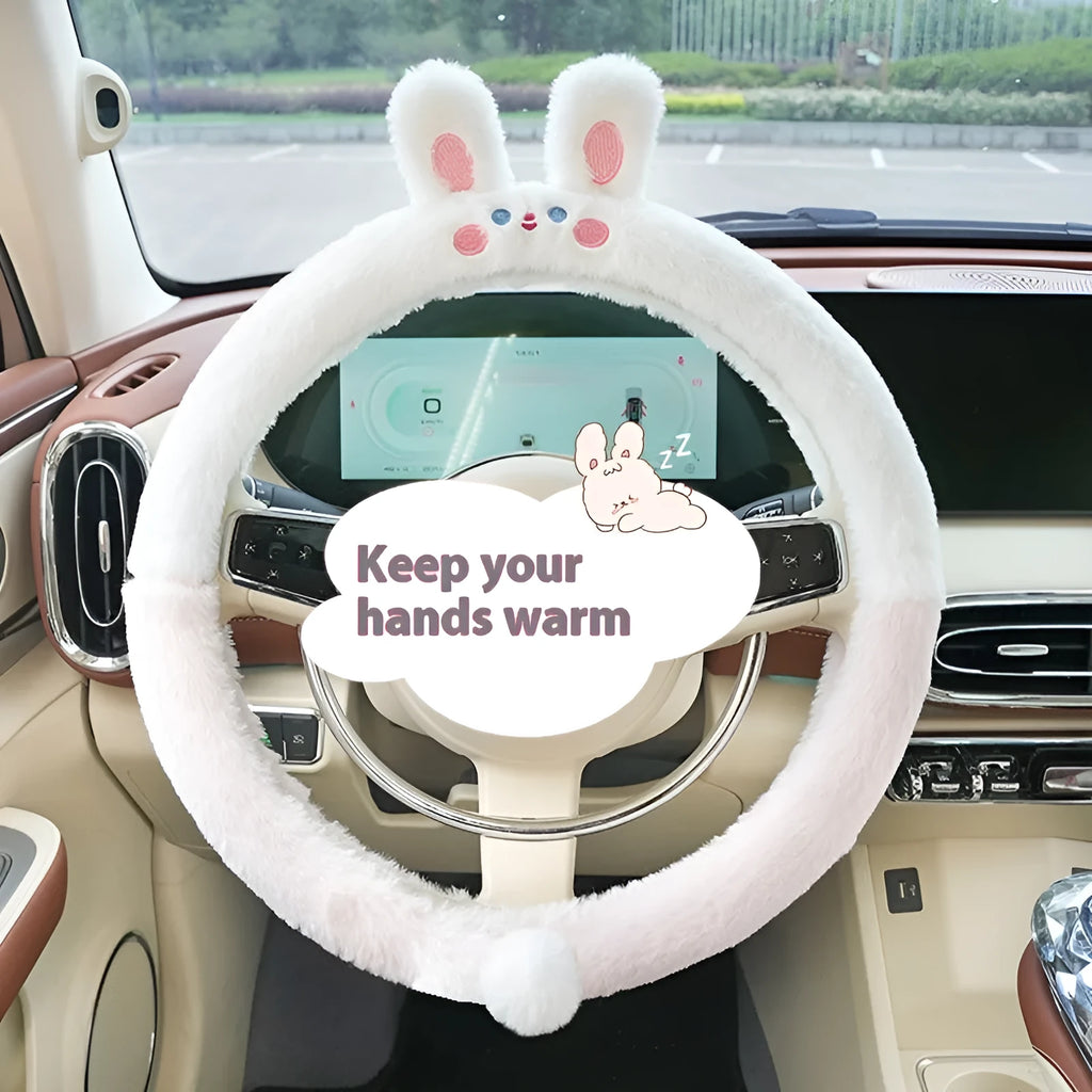 Plush cartoon animal steering wheel cover with rabbit fur trim, fitted on a 38cm car steering wheel.