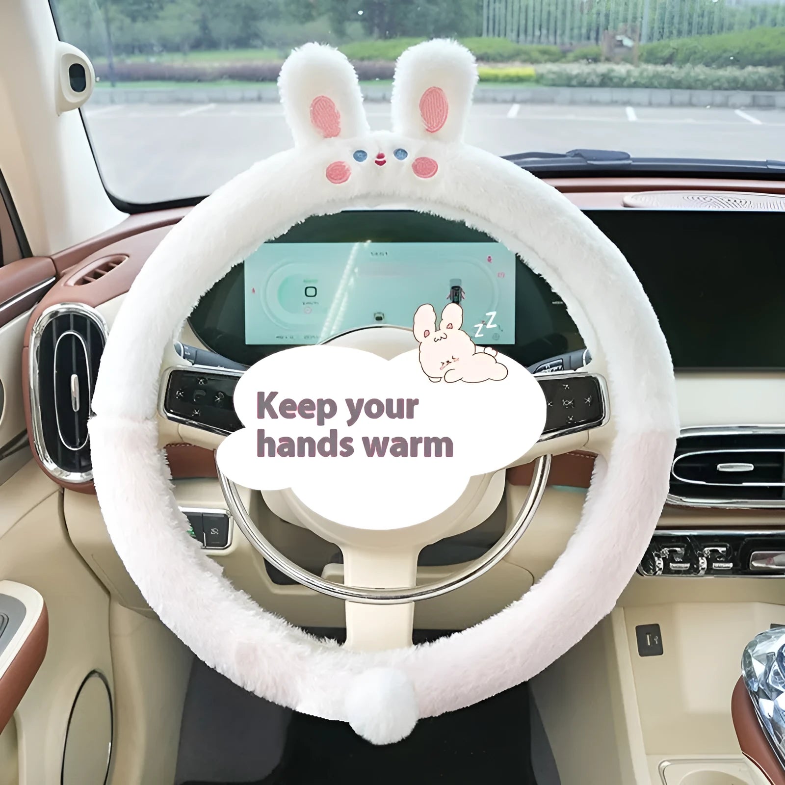 Plush cartoon animal steering wheel cover with rabbit fur trim, fitted on a 38cm car steering wheel.