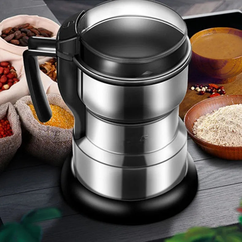 Electric domestic flour mill with stainless steel body, compact 13x21 cm size, and 1-3 litre capacity