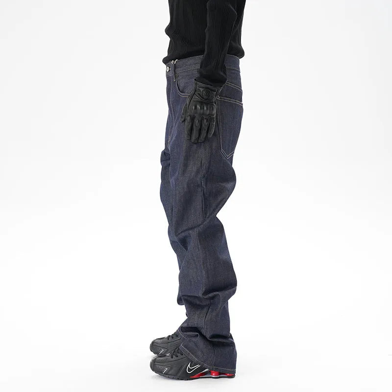 Dark blue casual loose straight fit jeans with straight leg cut on mannequin