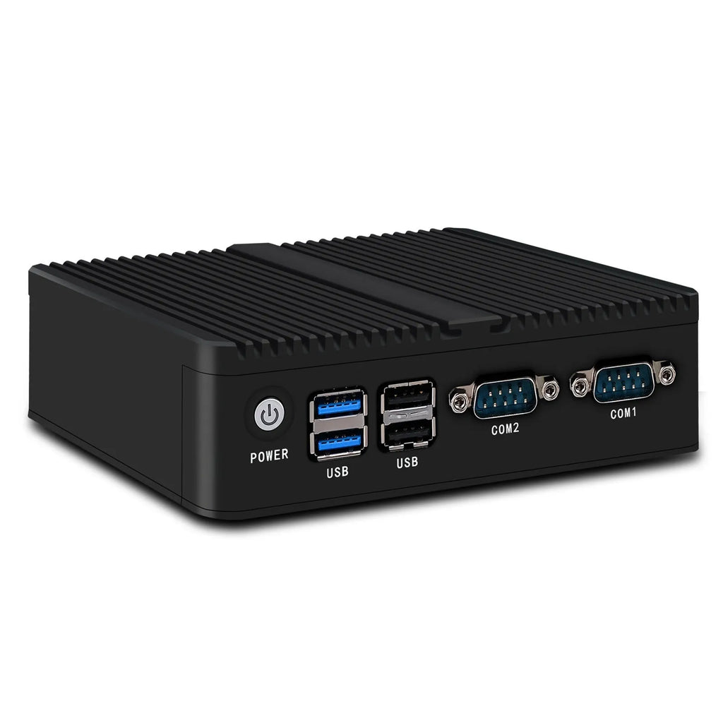 Industrial fanless microcomputer with dual network ports and compact aluminium chassis