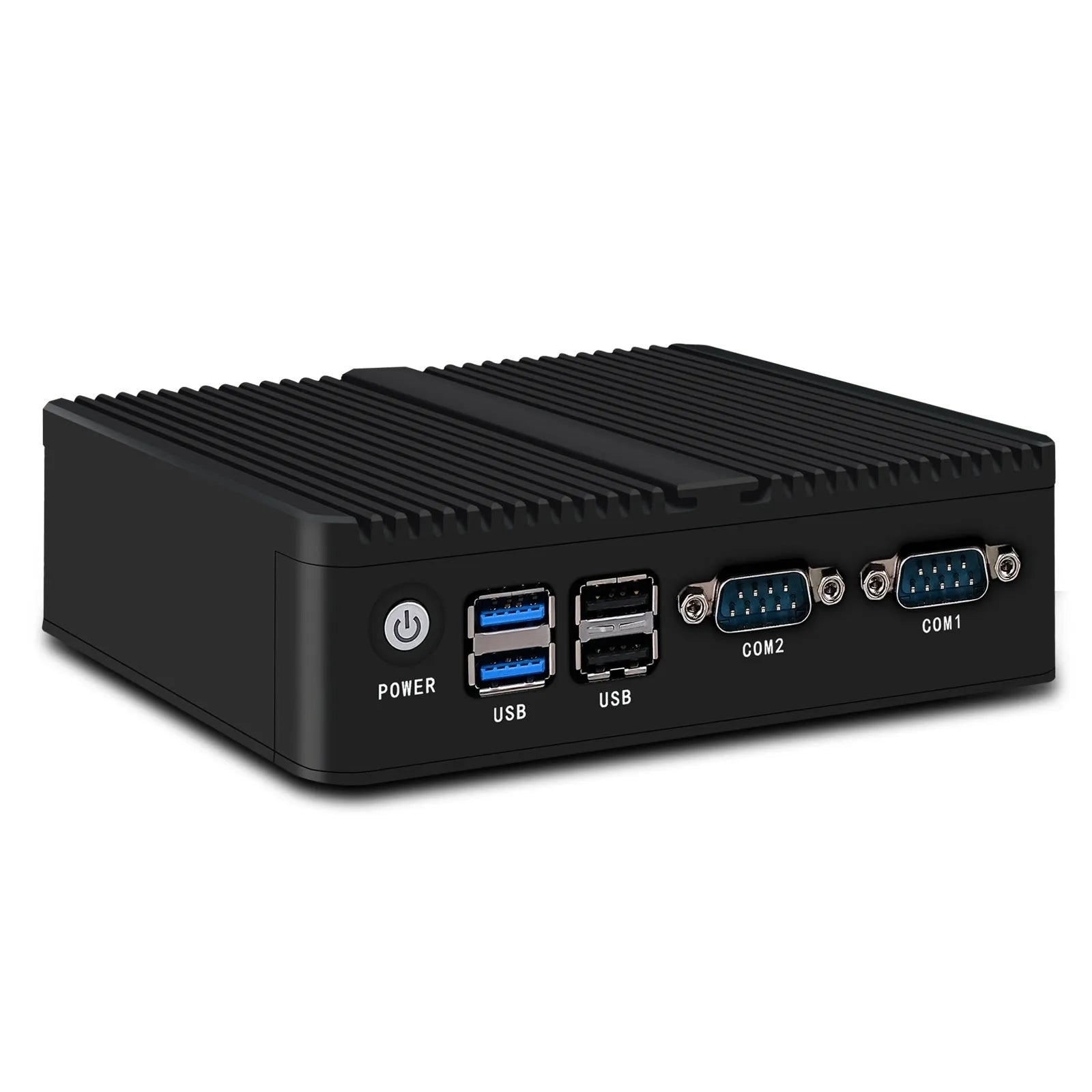 Industrial fanless microcomputer with dual network ports and compact aluminium chassis