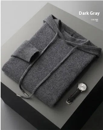 Men's light grey cashmere hooded sweatshirt and long pants casual winter set laid flat.