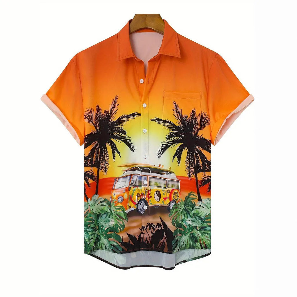 Men's floral pattern short sleeve shirt in loose cardigan style with elastic polyester fabric