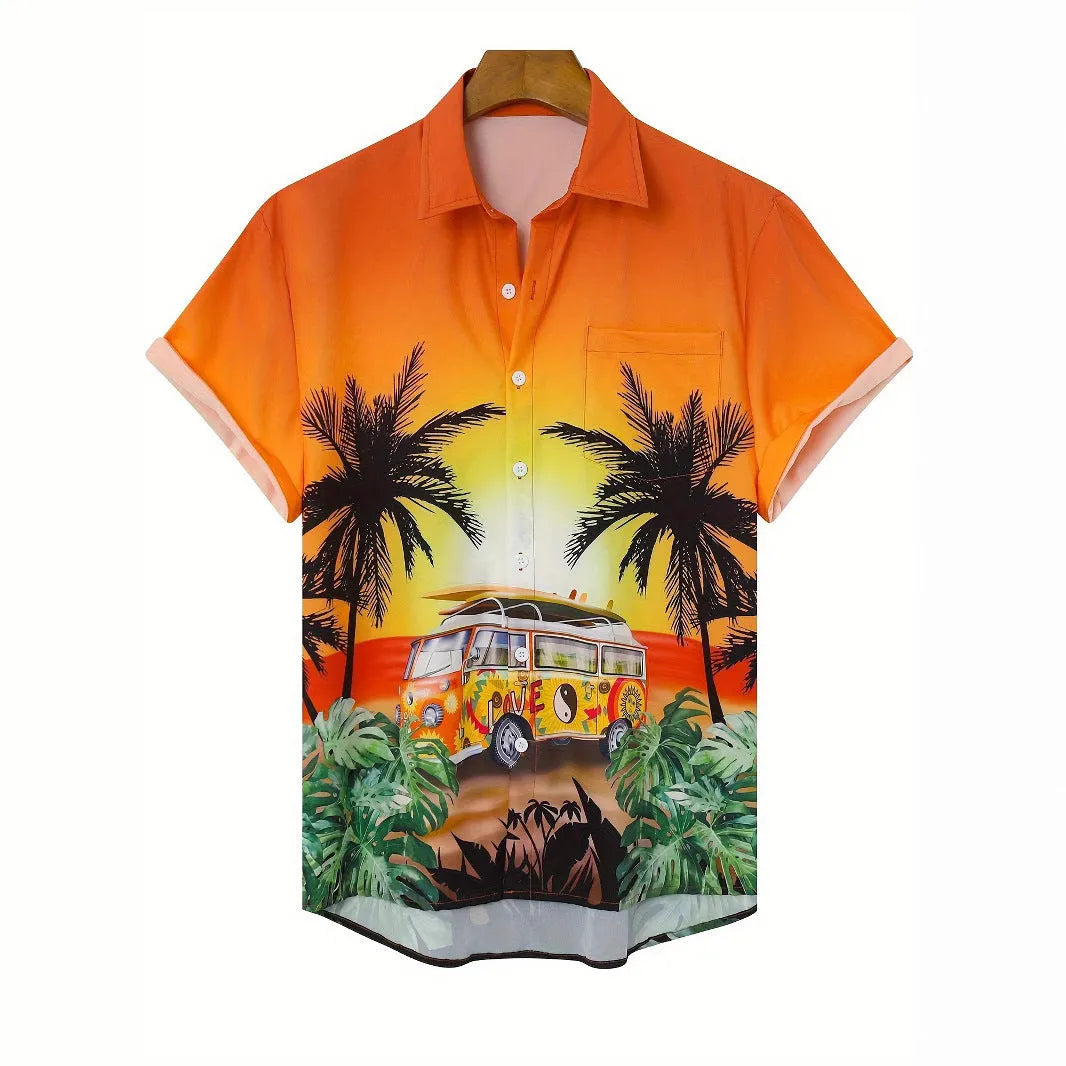 Men's floral pattern short sleeve shirt in loose cardigan style with elastic polyester fabric