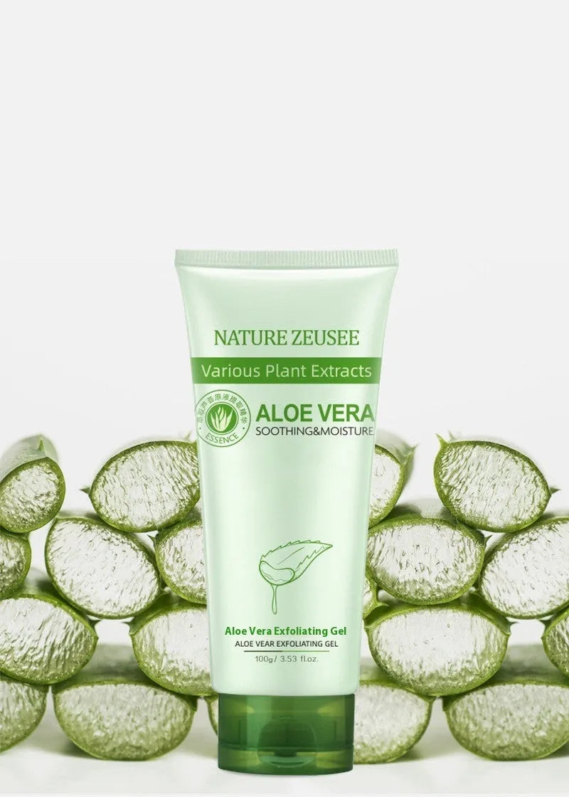 Aloe vera exfoliating gel 100g in picture colour tube with ingredient list including aloe vera, fruit oil, sodium hyaluronate