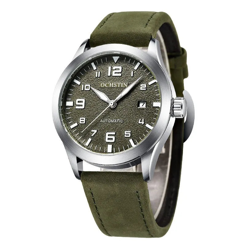 Men's automatic mechanical watch with leather strap on wrist, showing business casual retro style.