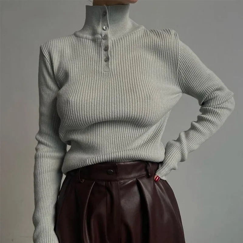 Retro breasted half turtleneck pullover sweater in slim fit with core-spun yarn fabric