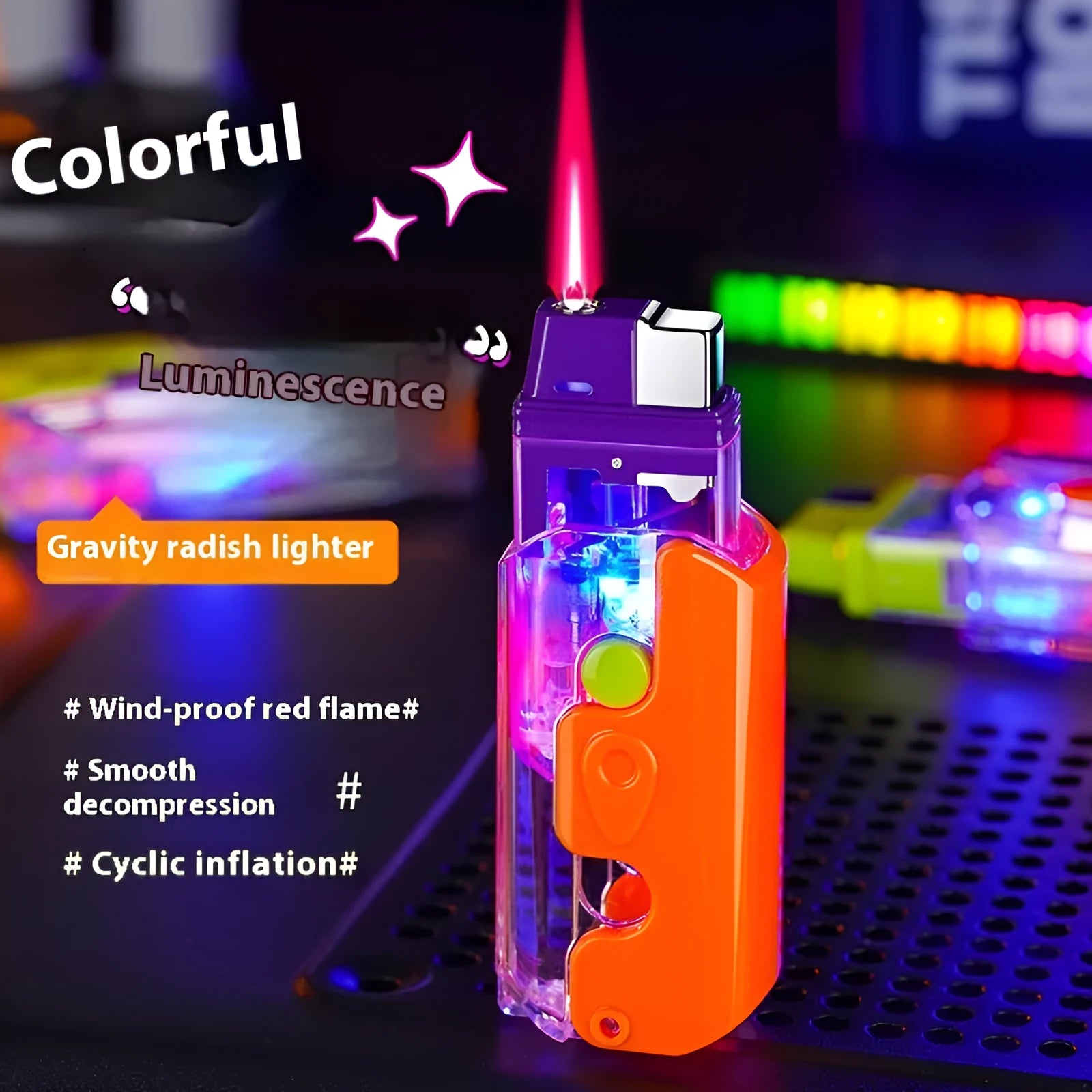 Colourful windproof radish lighter in orange, purple, and green colour options on a plain background.