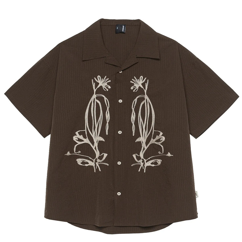 Brown striped outdoor waterproof Cuban collar short sleeve shirt on hanger