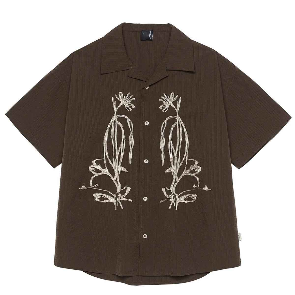 Brown striped outdoor waterproof Cuban collar short sleeve shirt on hanger