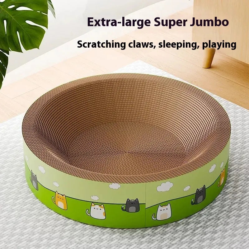A large round corrugated cardboard cat scratch board with a deep, textured pit design on a wooden floor.