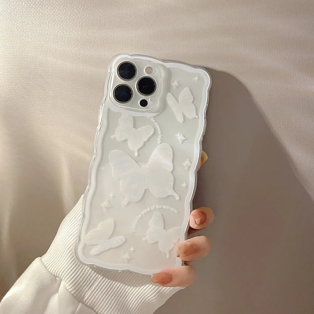 Simple butterfly transparent TPU phone case for iPhone 12-15, white crystal butterfly design