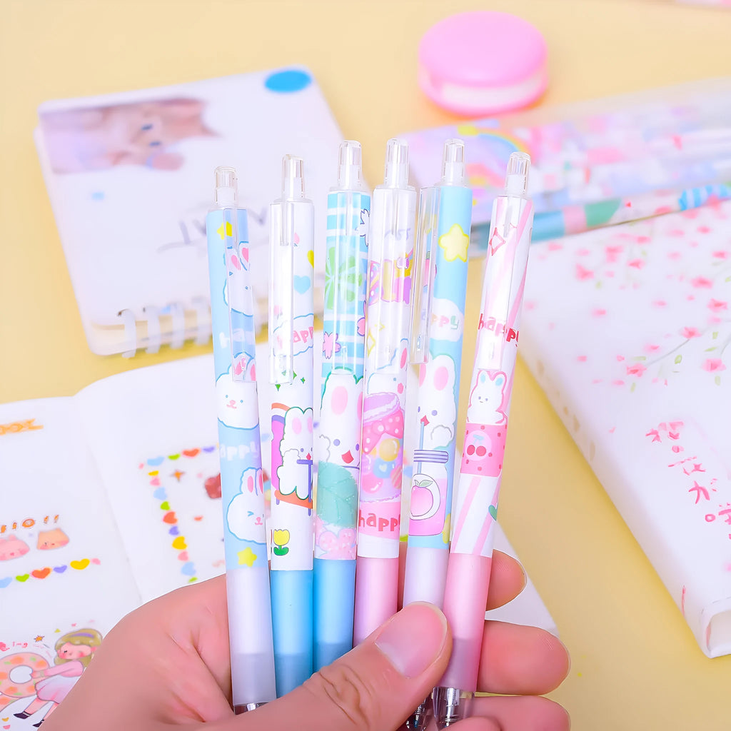 Six cartoon bunny decorated black ballpoint pens with 0.5mm tips