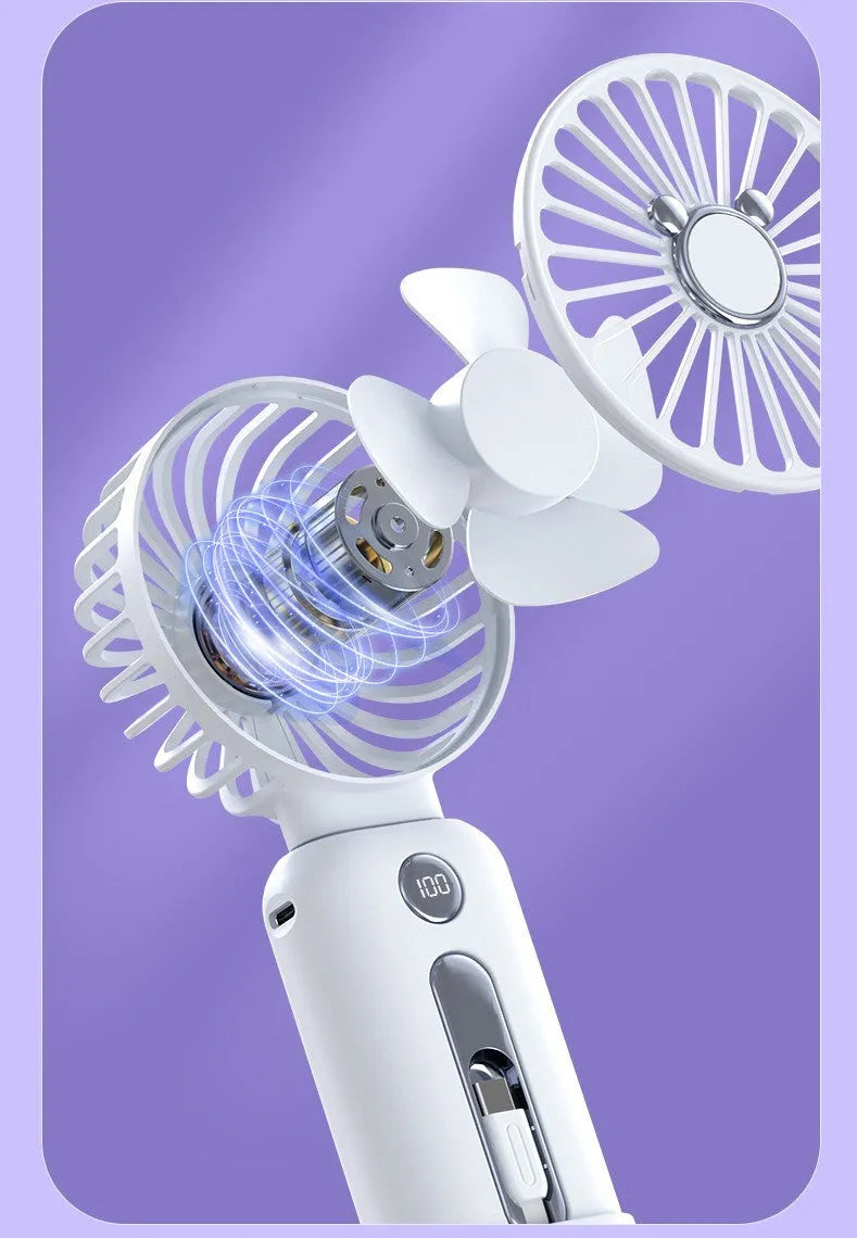 2-in-1 handheld fan with power bank, purple, 88mm brushless blades, compact USB rechargeable portable fan