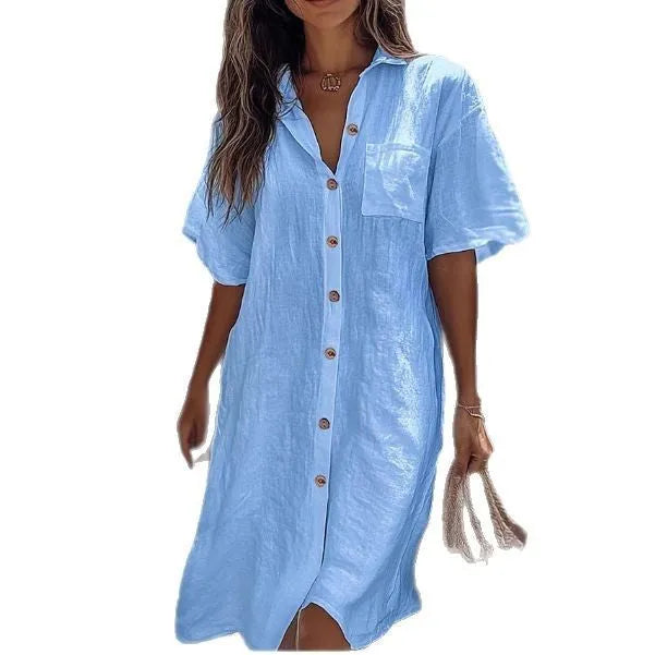 Long button short sleeve shirt in ginger yellow with loose fit and long length