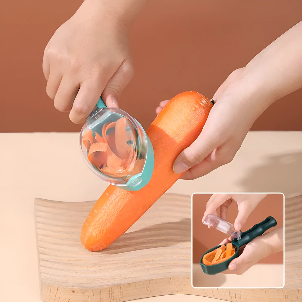 Yellow kitchen peeler knife with storage lid for fruit and potato peeling