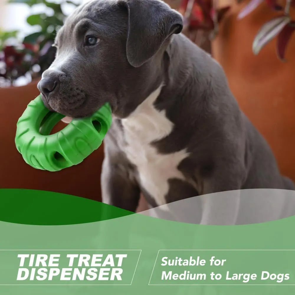 Blue, green, and red beef-flavoured tyre-shaped dog chew toy made from natural rubber.