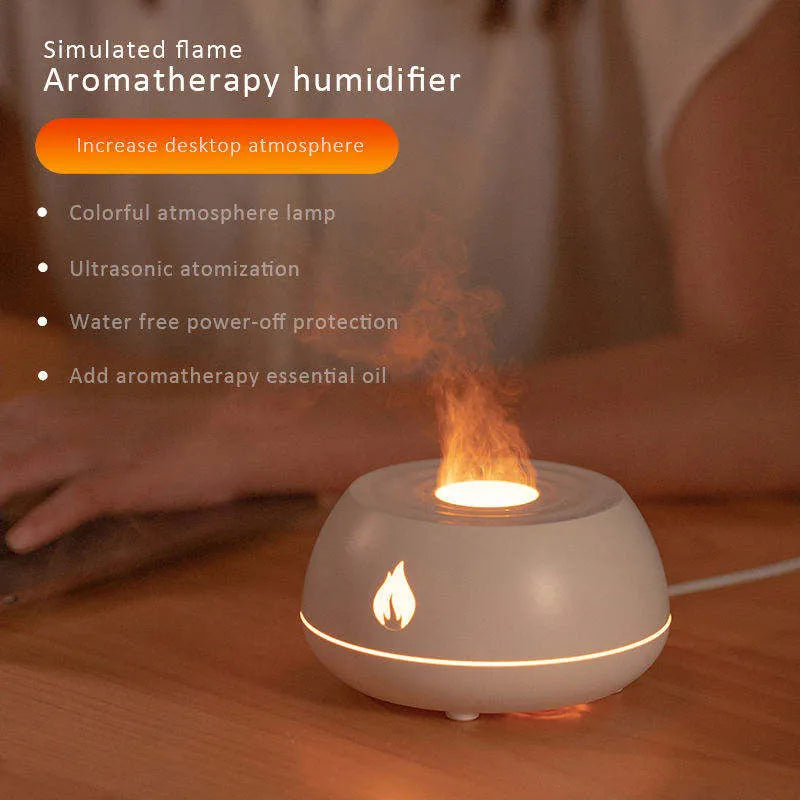 Black flame effect humidifier diffuser with LED lights on a wooden surface