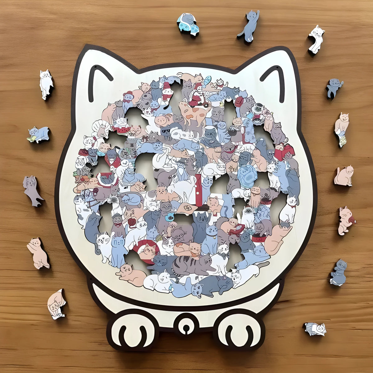 135-piece cat-shaped wooden puzzle, 23.7 x 21.8 cm, shown in Macaron Color, Maillard Color, Morandi and Wooden Primary Color