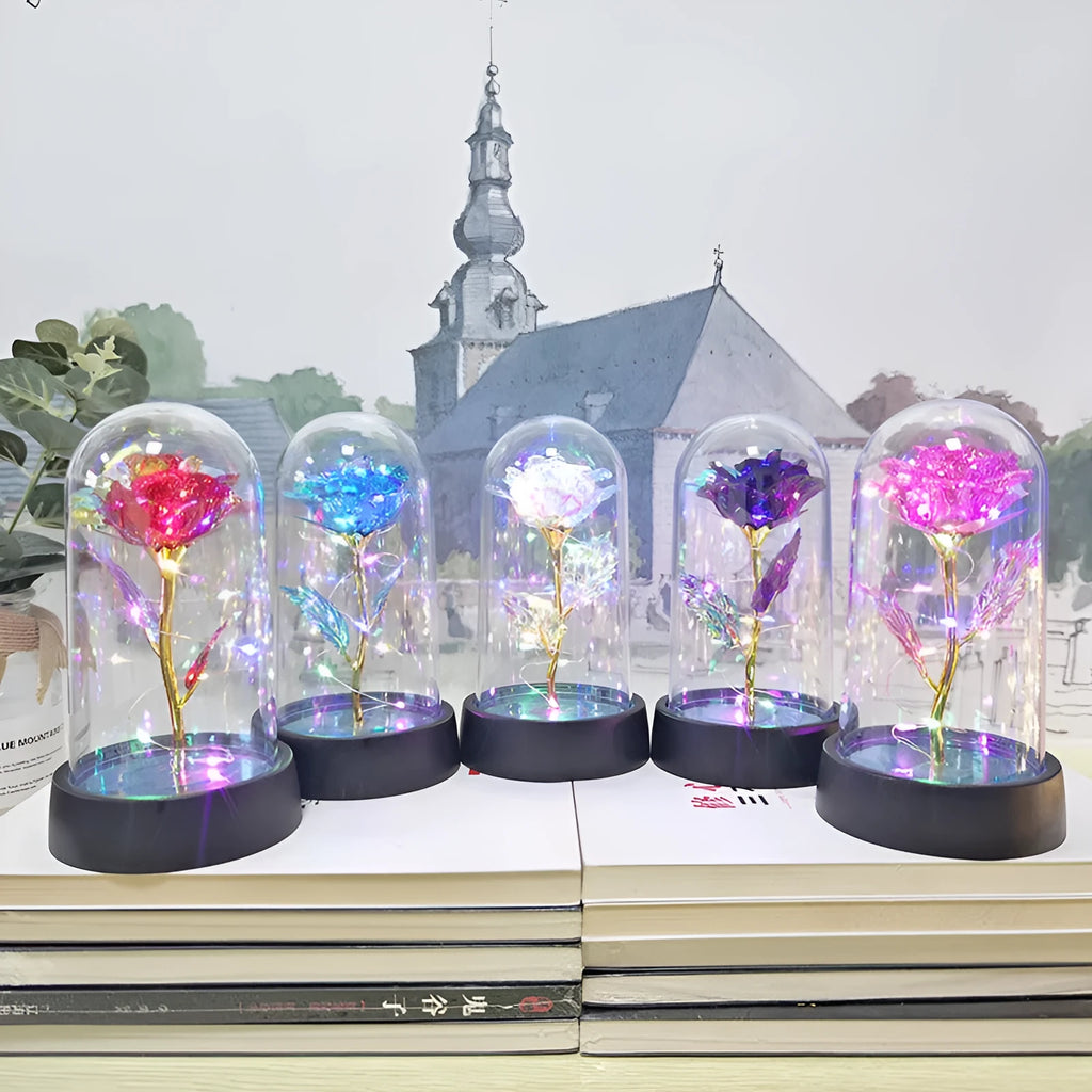 Small plastic decorative night lamp with coloured glass cover and black base on a table.