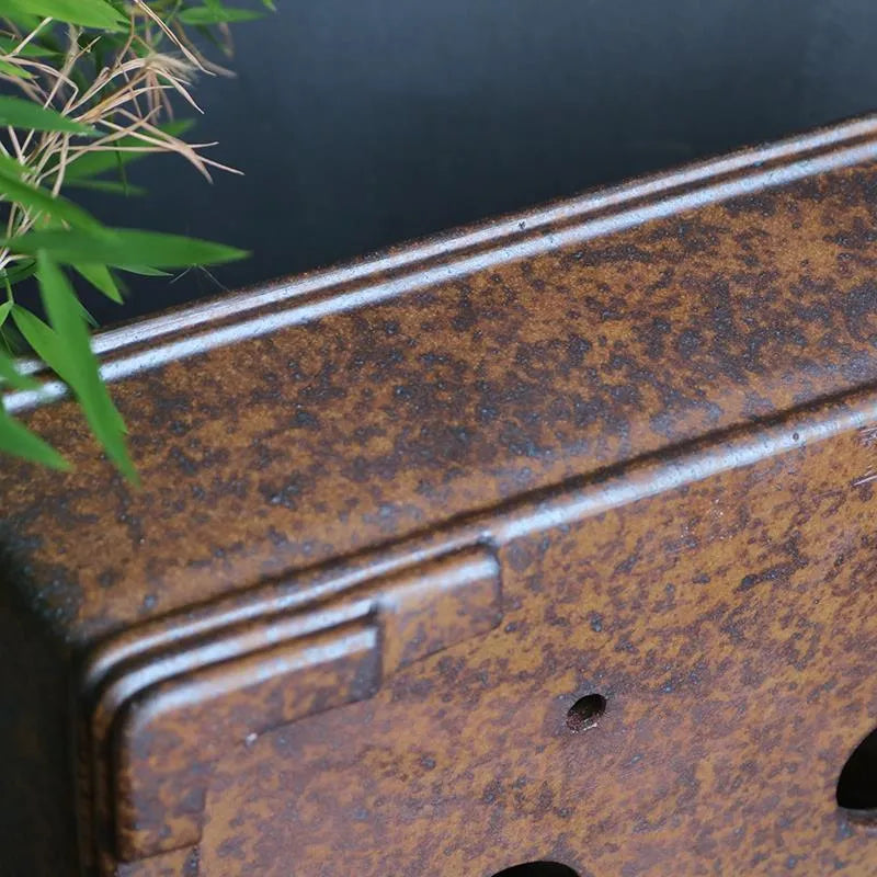Rectangular purple sand bonsai pot with five-line pattern, shown with a pine tree, showcasing large and small size options.