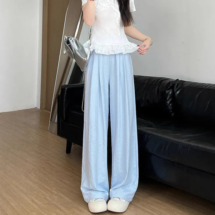 Casual tall sweatpants white wide leg high waist pleated trousers for women acetate fabric