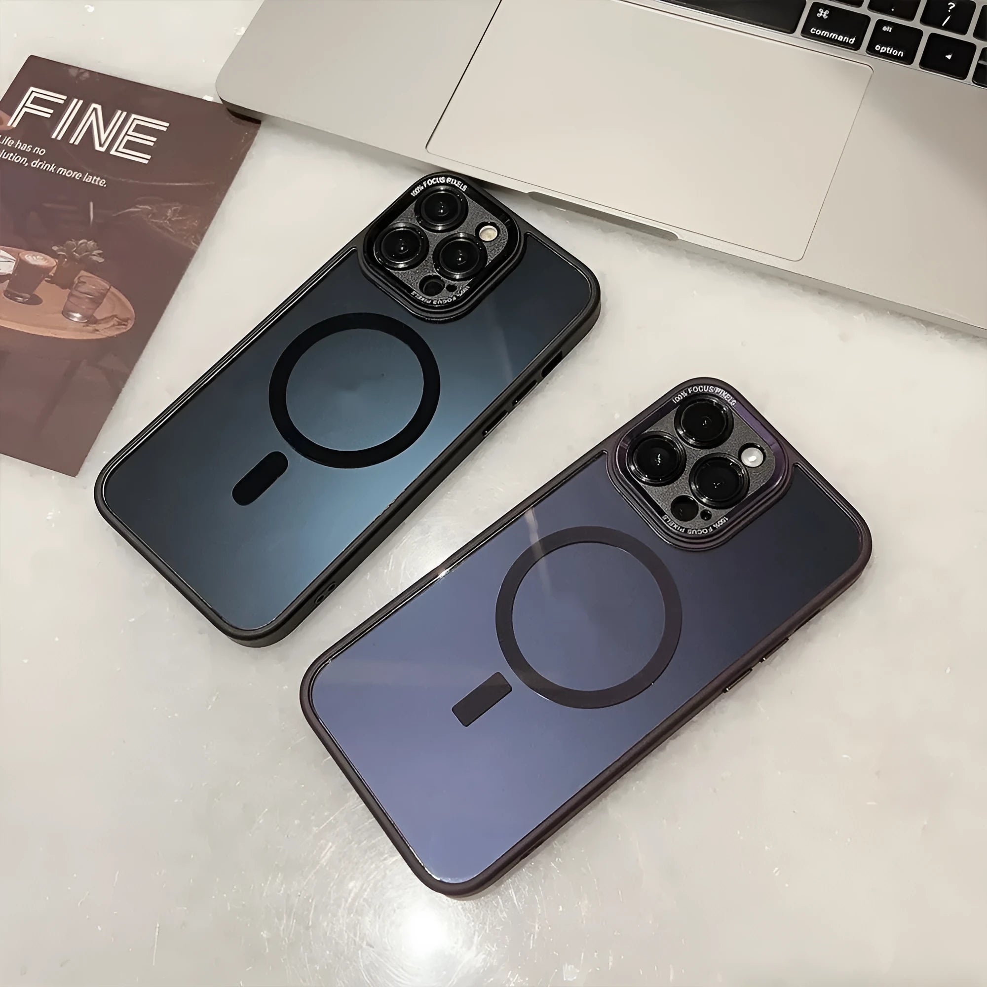Transparent metal acrylic magnetic suction TPU phone case for iPhone, black and purple colour options