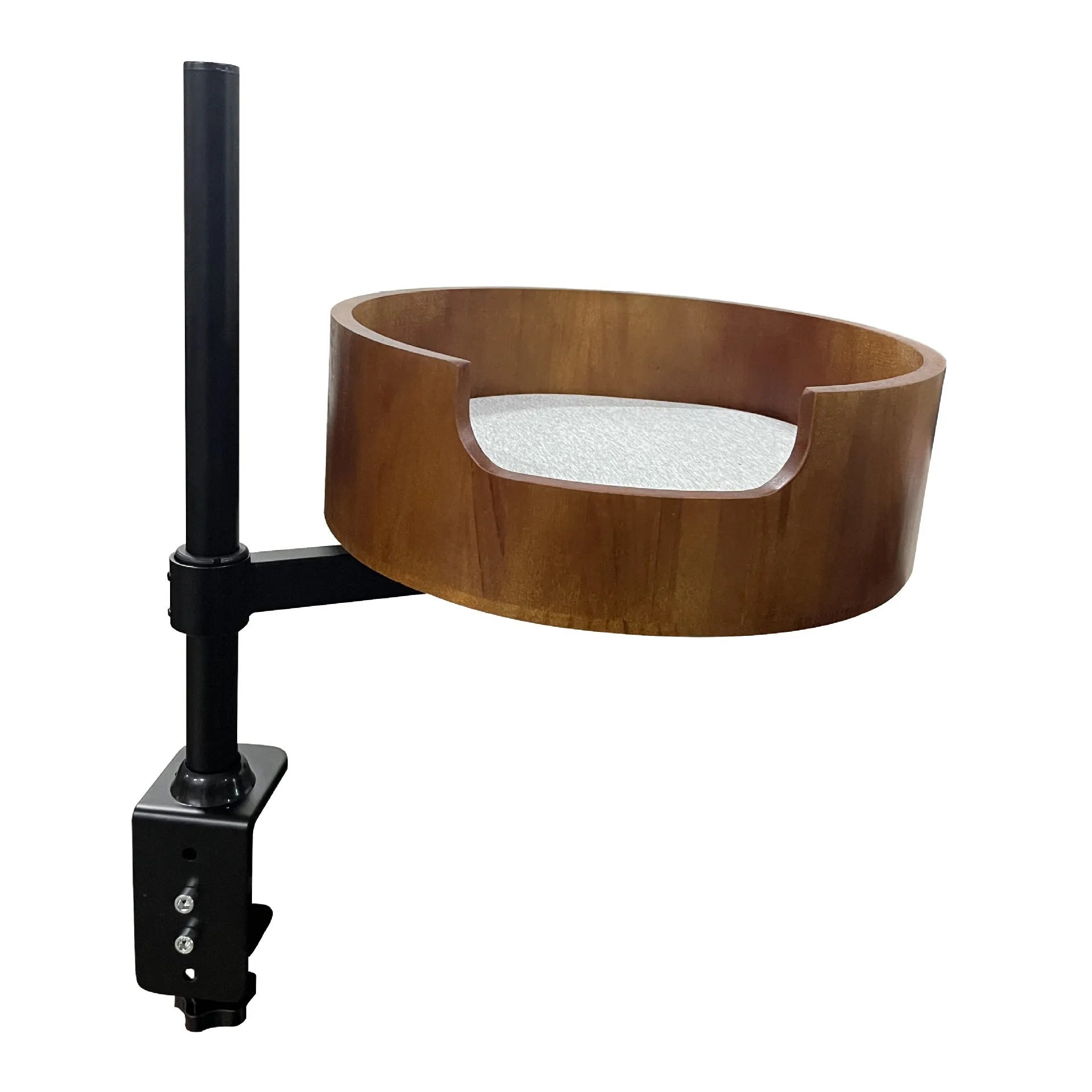 Round desktop suspended cat nest with stainless steel frame in light gray, placed on a wooden desk