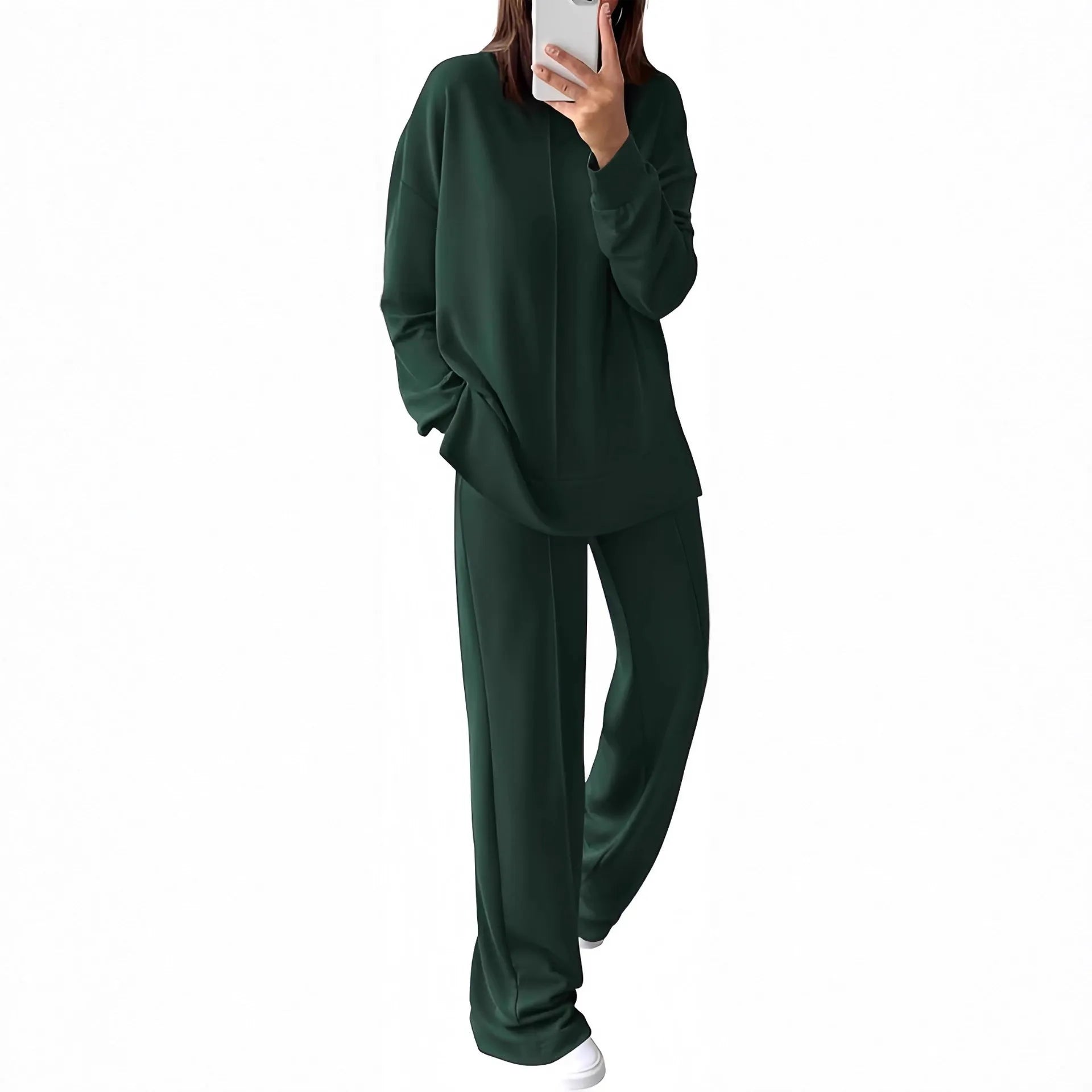 Women's long sleeve polyester jogging suit two-piece set shown in army green.