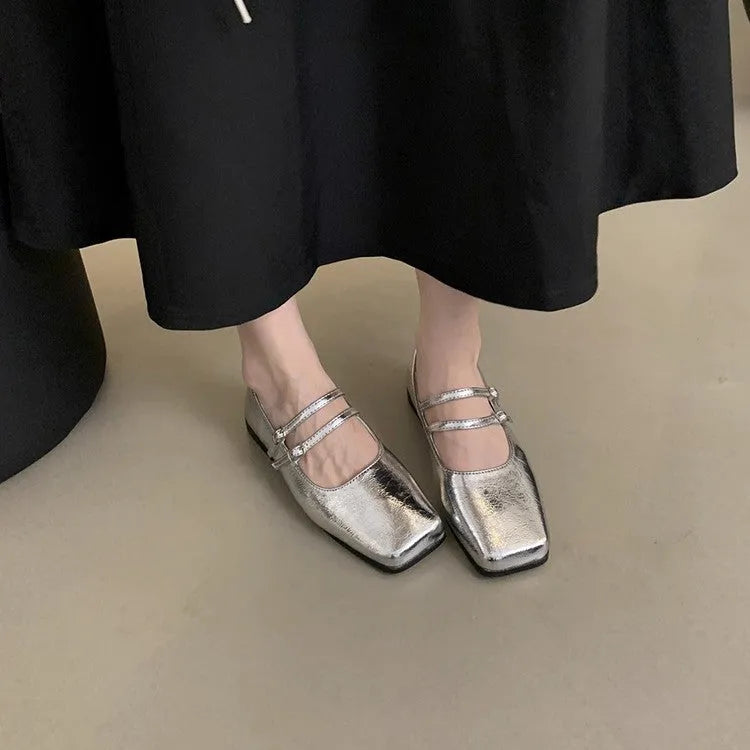 French style women's low heel square toe shoes in silver, black, and brown